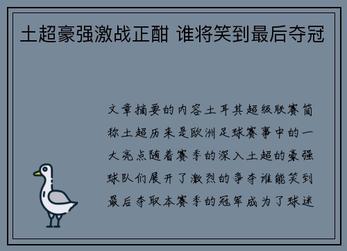 土超豪强激战正酣 谁将笑到最后夺冠