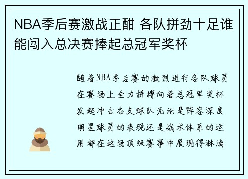 NBA季后赛激战正酣 各队拼劲十足谁能闯入总决赛捧起总冠军奖杯 NBA季后赛激战正酣 各队拼劲十足谁能闯入总决赛捧起总冠军奖杯